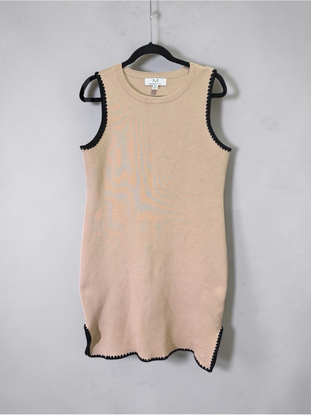 Magaschoni Beige Knit Sleeveless Dress Black Ric Rac Trim Size Medium